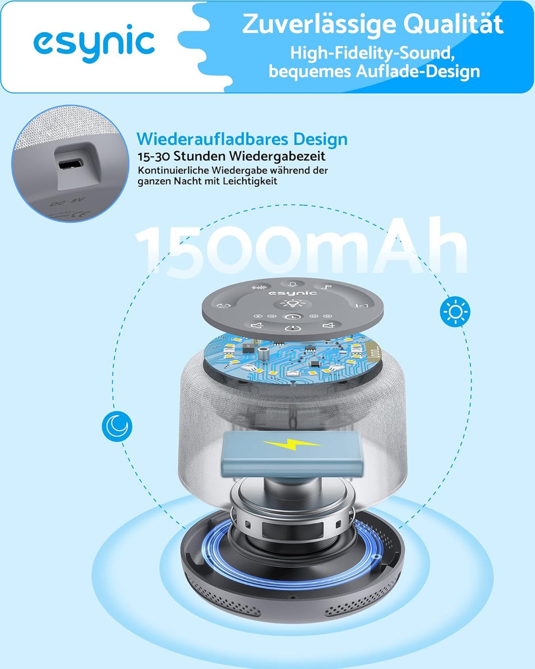 eSynic White Noise Machine Baby Weisses Rauschen Einschlafhilfe LED Stilllicht mit 30 Klänge & 7 Far
