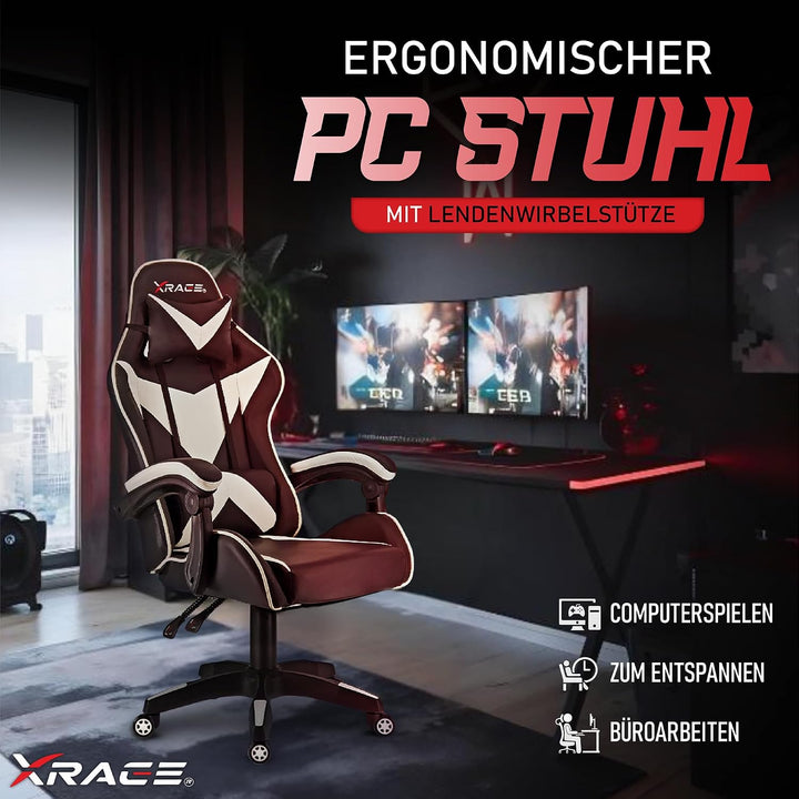 xRace Gaming Stuhl, Bürostuhl, Ergonomischer Pc Stuhl, aus Leder mit Lendenwirbelstütze, Verstellbar
