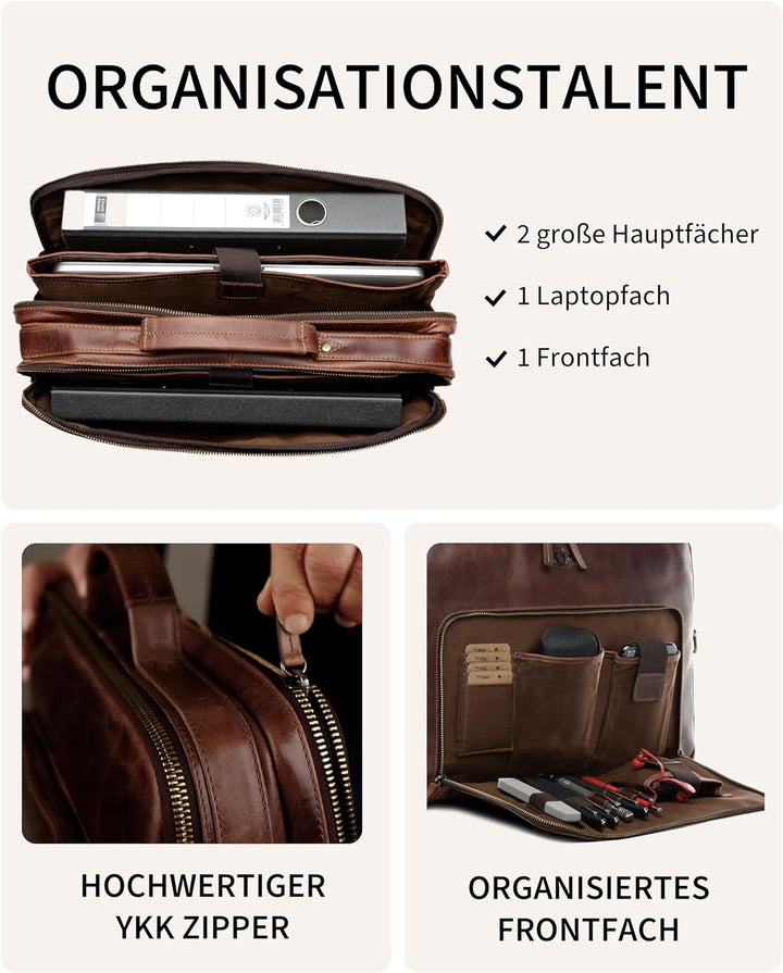 SID & VAIN grosse Laptoptasche mit Frontfach echt Leder - 15 bis 17 Zoll Laptop Business-Tasche SIMO