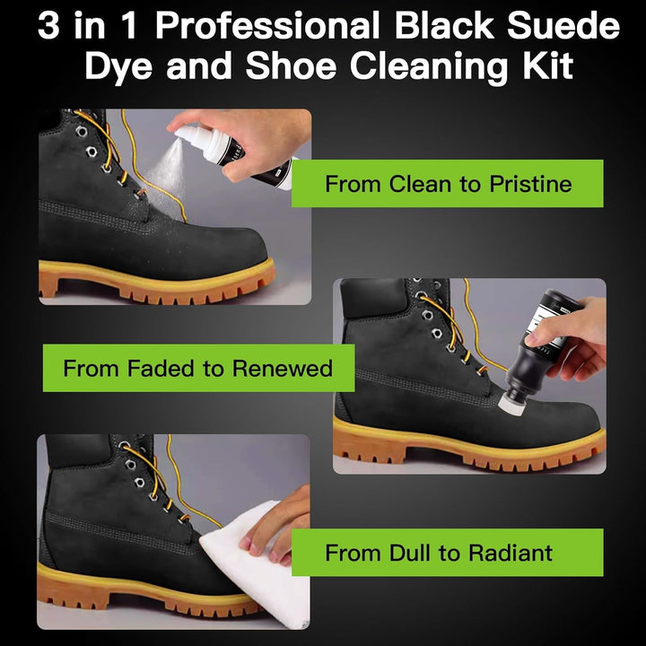 Nubuk- und Wildlederfarbe Schwarz, 3 Wildlederbürsten, Farbauffrischer für schwarzes Wildleder, Schu