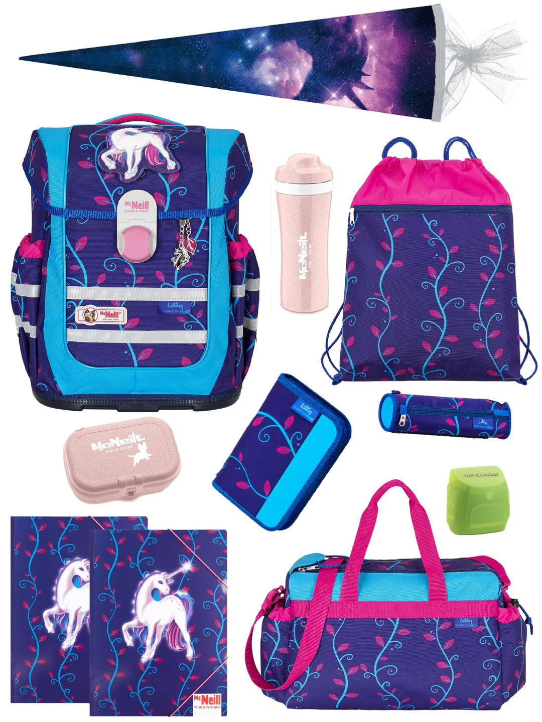 Familando - McNeill Ergo Complete Schulranzen Set - 12-teilig - Lilly Einhorn/Unicorn - Ergonomisch
