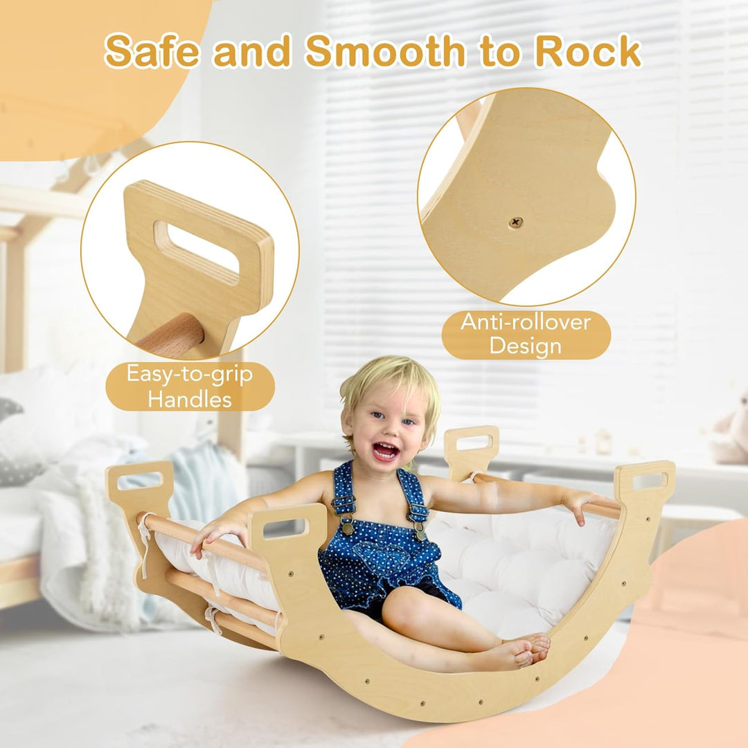 HOMASIS Kletterbogen mit Kissen, Holz Klettergerüst Indoor, Montessori Holzwippe Bogenwippe zum Wipp
