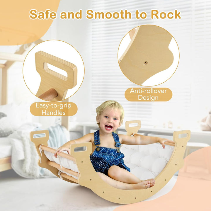 HOMASIS Kletterbogen mit Kissen, Holz Klettergerüst Indoor, Montessori Holzwippe Bogenwippe zum Wipp
