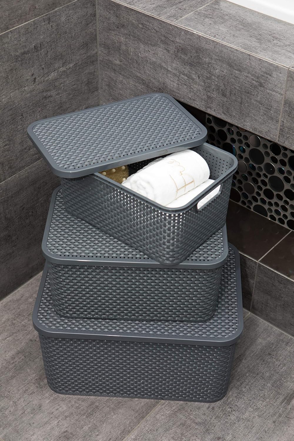 BranQ - Home essential Korb in Rattan Design 2er Set Grösse S 7l, Kunststoff PP, Anthrazit, 7 l 7 l