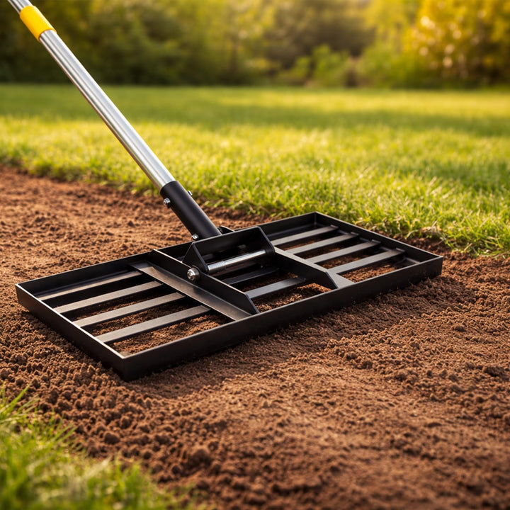 Rasenrakel, 198cm, 43x25cm Edelstahl Rasen-Nivelliergerät mit Ergonomischem Griff für Garten & Hof -