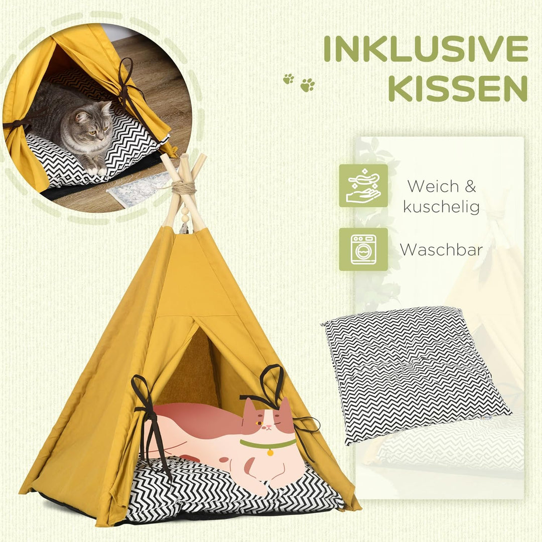 PawHut Tipi Zelt für Haustiere, Katzenzelt mit abnehmbar und waschbar Kissen, Katzenhaus mit rutschf