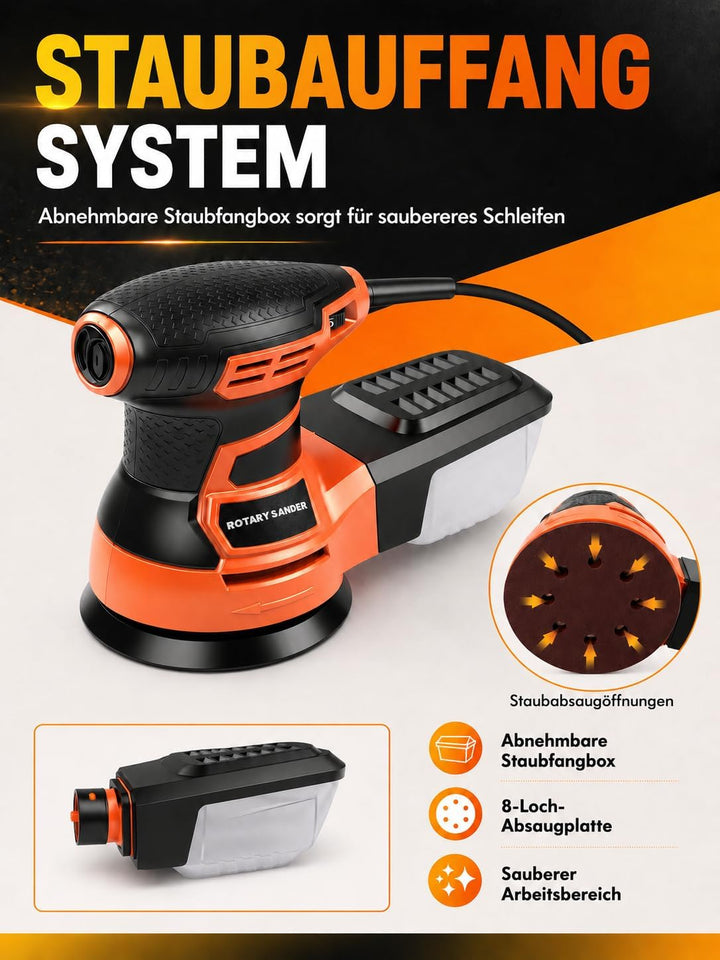 Exzenterschleifer 125mm, 350W Schleifmaschine 6000-13000 U/min, 6 Geschwindigkeiten, mit Staubabsaug