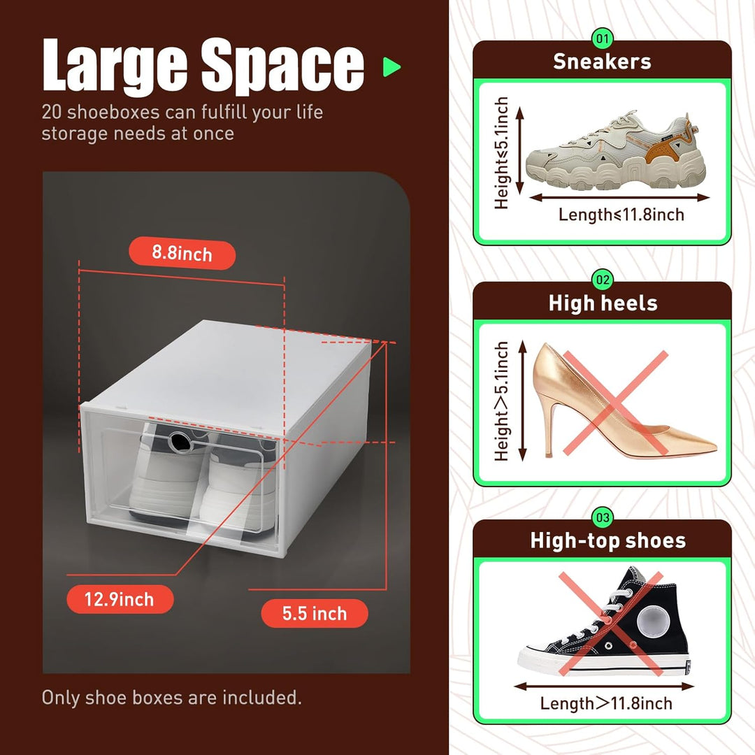 20 Stück Schuhbox Transparent Stapelbar Schuhboxen Klappbar Schuhaufbewahrung Kunststoffbox Schuhsch