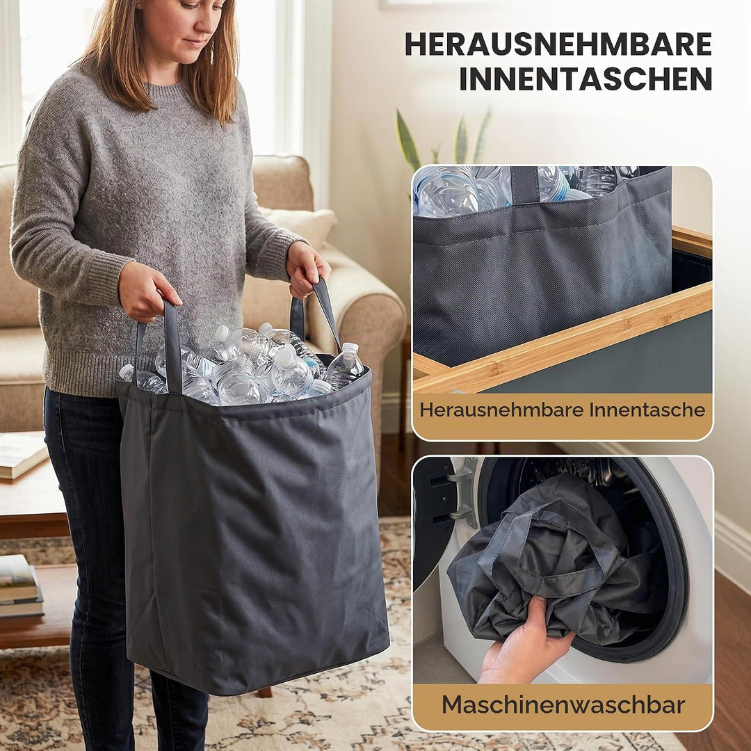 100L Premium Bambus Pfandflaschen Sammelbehälter - Organizer Küche mit innovativ Design für Nachhalt