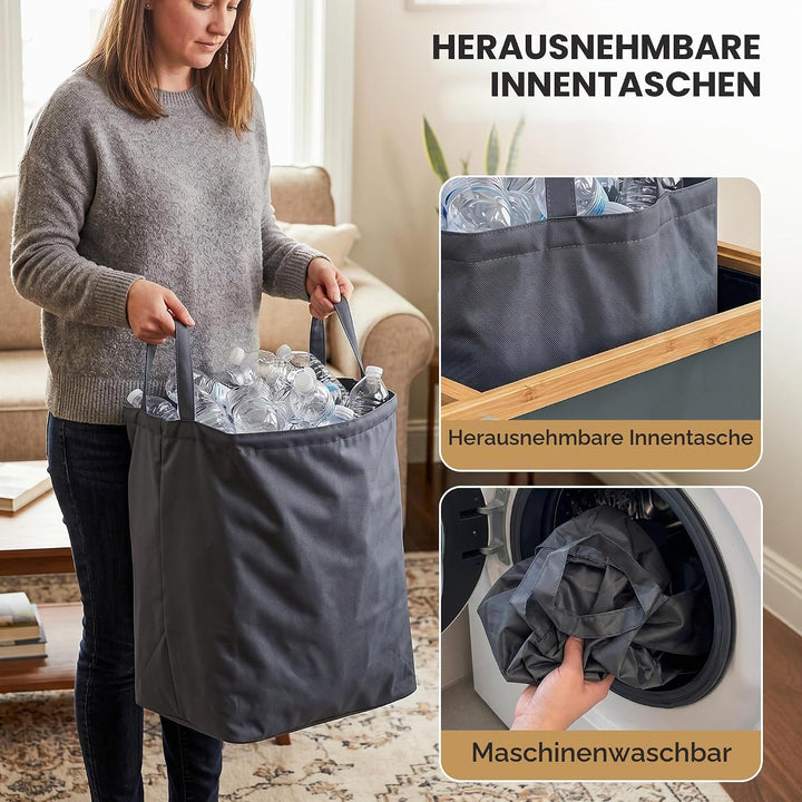 160L Pfandflaschen Sammelbehälter aus Bambus &amp; Stoff mit integrierter Tragetasche – Fassungsvermögen