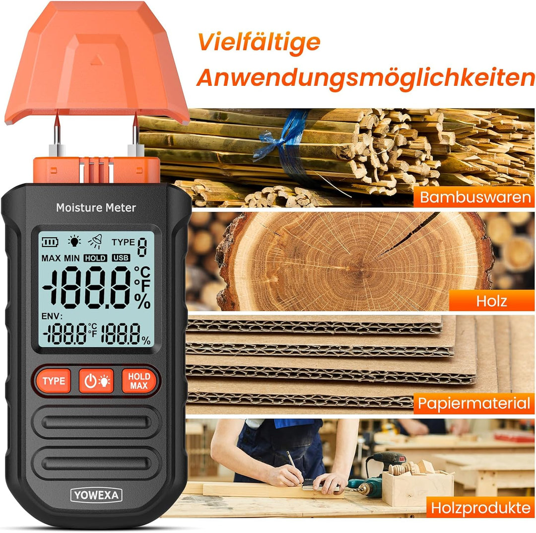 Holzfeuchtemessgerät 4-In-1 Feuchtigkeitsmessgerät Holz und Wand mit Hold-Funktion, Messung von Umge