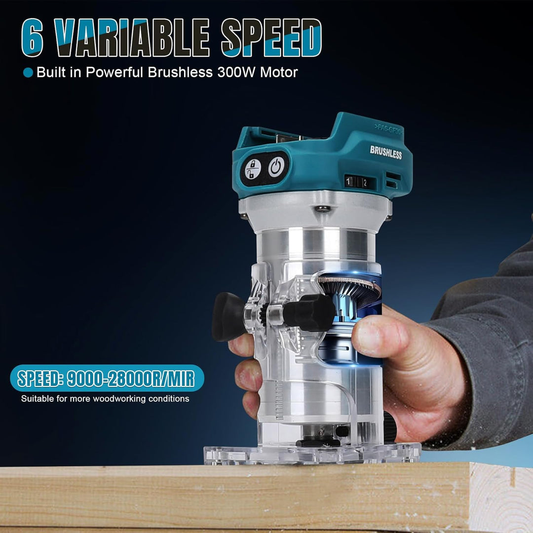 Akku Oberfräse kompatibel mit Makita 18V Batterie, 1300W Bürstenloser Kantenfräser mit 6 Geschwindig