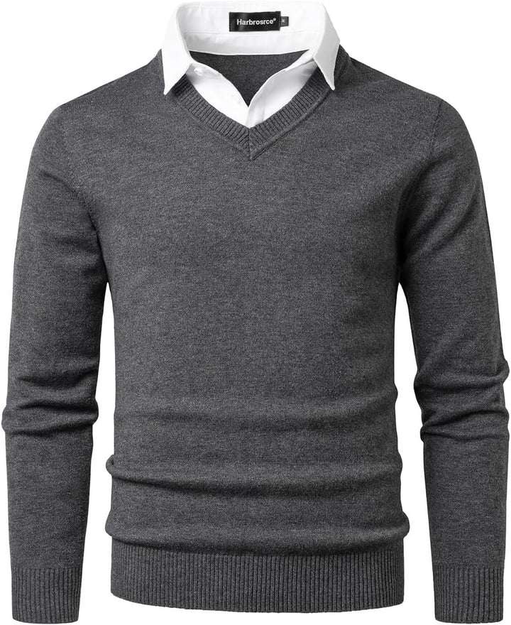 Herren Strick Pullover V Ausschnitt Strickpullover Feinstrick Mock Hemdkragen Strickwaren Lange Ärme