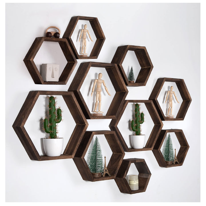 Sechseckige Wandregale Wabenförmige Regale 10er-Set Wandmontierte Holzregale im Landhausstil Wand-Au