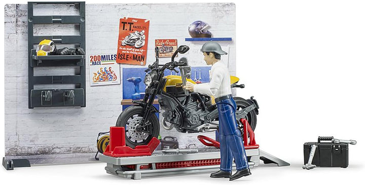 bruder 62102 - Bworld Motorradwerkstatt Scrambler Ducati Full Throttle mit Mechaniker - 1:16 Reparat