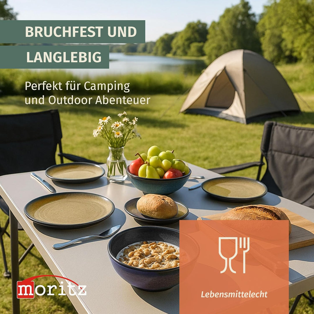 Camping Tafelgeschirr aus Melamin für 4 Personen 12-teilig | spülmaschinenfest | Picknick Geschirrse