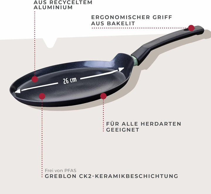 Fackelmann Crepepfanne Brandao - Ø 26 cm aus recyceltem Aluminium, PFAS-freie Keramikbeschichtung, e