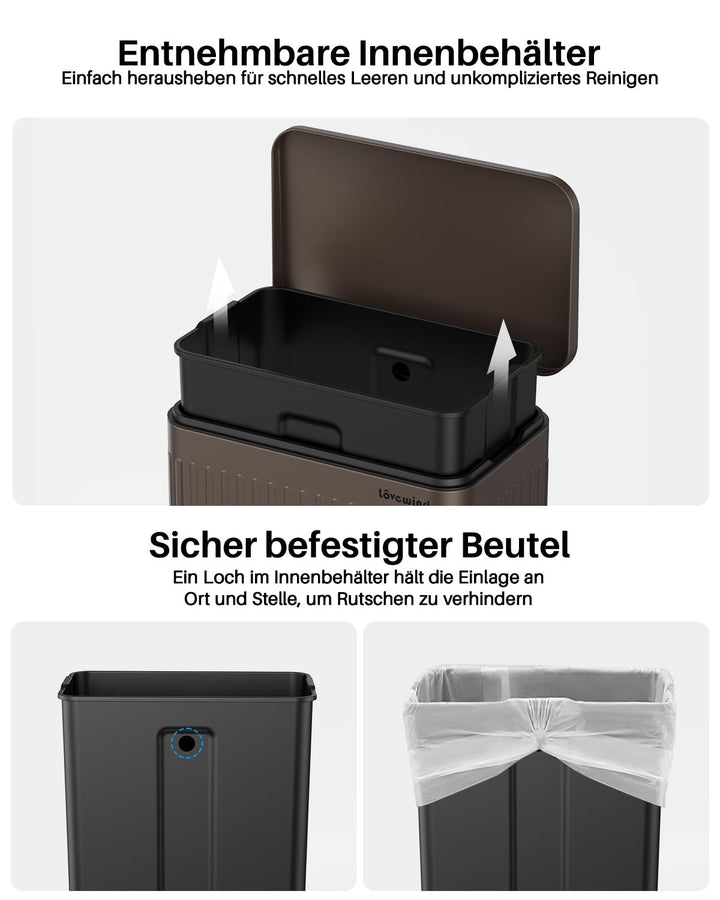 lovewind 60L Mülleimer Küche Edelstahl Braun,Pedal-Behälter mit Soft-Close Deckel,2 herausnehmbare E