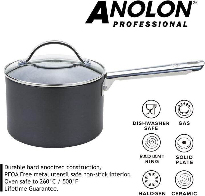 Anolon Milchtopf, Kochtops und Bratpfanne aus professionellem harteloxiertem Material, Schwarz , Har