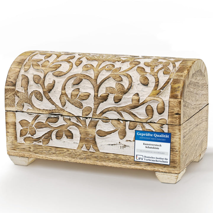 Schatzkiste Schatztruhe Baum des Lebens white wash, massive Holz-Schatulle Dekobox 20,5 x 11 x 12,5