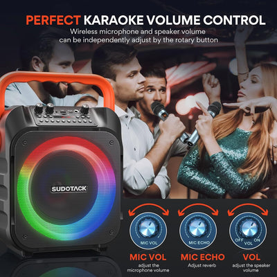 SUDOTACK Tragbare Karaoke Maschine mit 2 kabellose Mikrofone, Bluetooth Lautsprecher Box für Erwachs