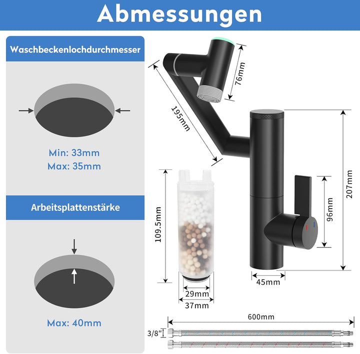 JONKEAN 1080 ° Drehbare Wasserhahn Bad mit Filter, Waschbecken Armaturen mit Temperaturanzeige, Einh