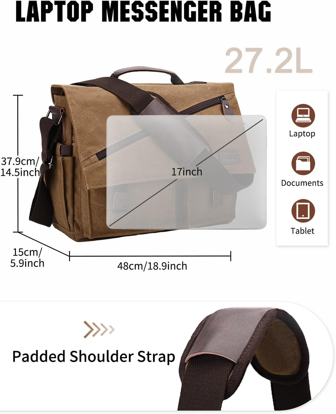 RAVUO Umhängetasche Herren, 17 Zoll Laptoptasche Aktentasche Wasserdichte Canvas Gross Arbeitstasche