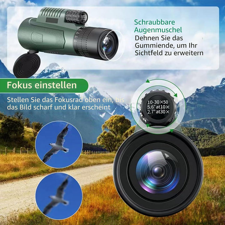 Monocular, 10-30x50 Monocular Telescope, für Erwachsene und Kinder, FMC BAK4 Prisma, Monokular klein