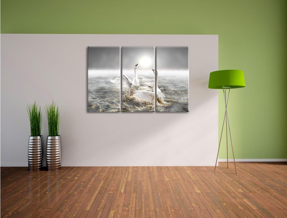 Pixxprint Schwäne im Meer als Leinwandbild/Grösse: 3 Teilig (120x80) cm/Wandbild/Kunstdruck/fertig b