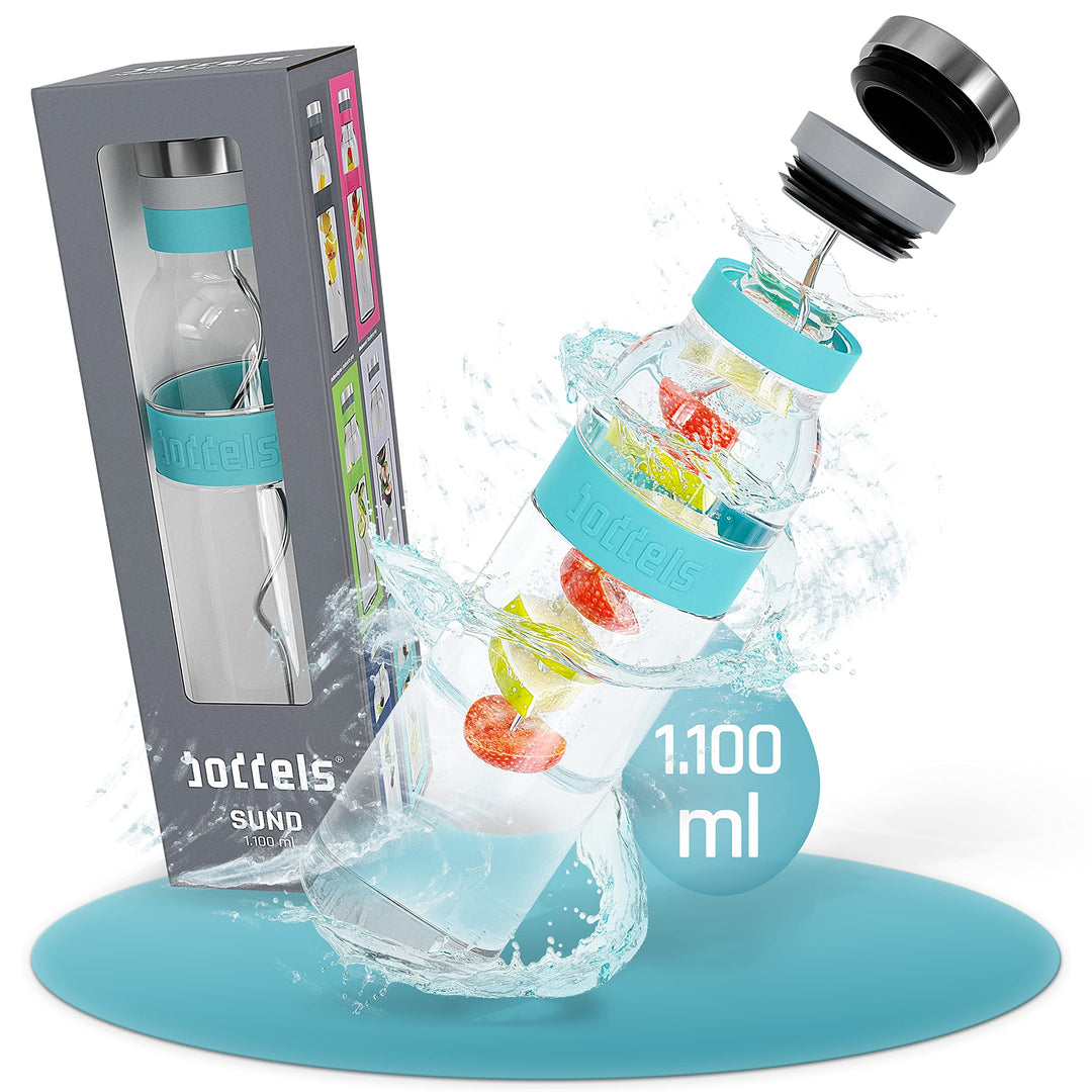 boddels Glaskaraffe mit Deckel und Sieb 1.100ml, Rutschfester Griff, Glaskaraffe mit Fruchteinsatz,