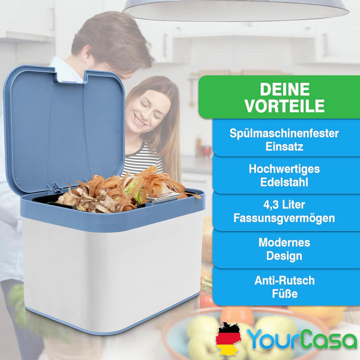 YourCasa® Biomülleimer Küche aus Edelstahl - 4,3L - Komposteimer Küche klein für alltäglichen Biomül