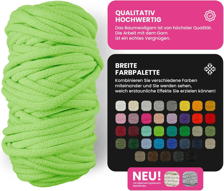 Netuno 1x Makramee-Garn Hellgrün 9 mm 50 m Baumwollkordel mit Polyesterkern Kordel Baumwolle Kordelb