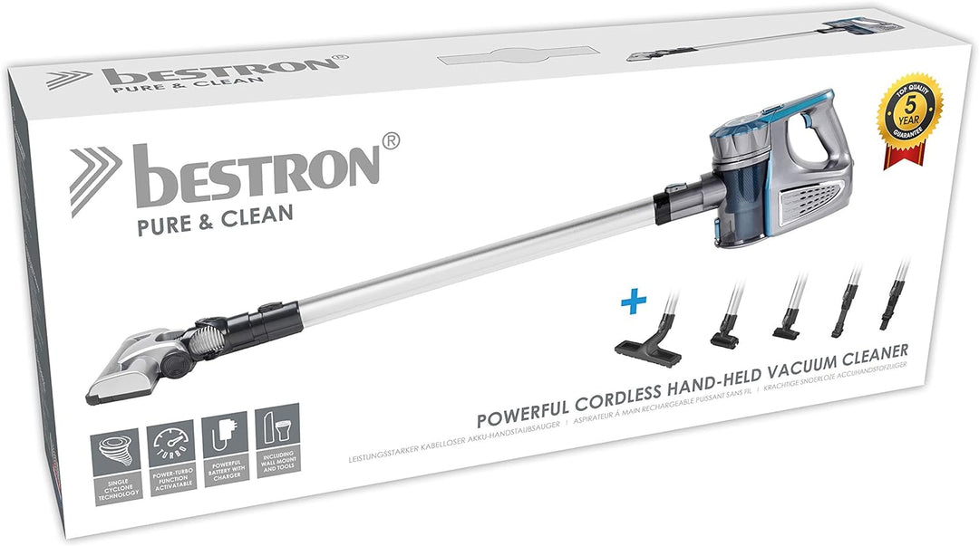 Bestron Kabelloser Handstaubsauger mit Stab, Beutellos, Kapazität: 0,6 l, 120 Watt, Blau/Grau Blau/G