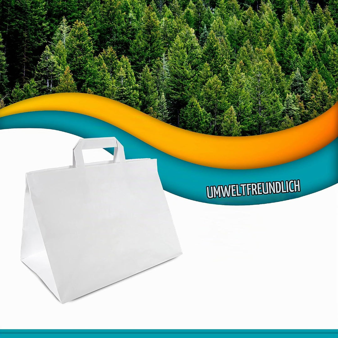 Commerline Papiertüten 250 Stück, Weiss, 32+22x25 cm | Kraftpapier Tüten Klein Mit Henkel | Tragetas