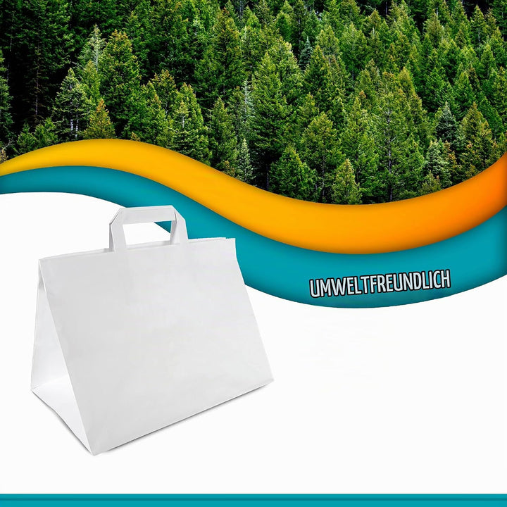 Commerline Papiertüten 250 Stück, Weiss, 32+22x25 cm | Kraftpapier Tüten Klein Mit Henkel | Tragetas