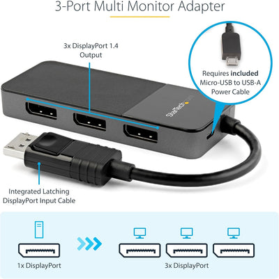 StarTech.com 3-Port Multi-Monitor DisplayPort Adapter, DP auf 3x DisplayPort 1.4 Splitter, Dreifach