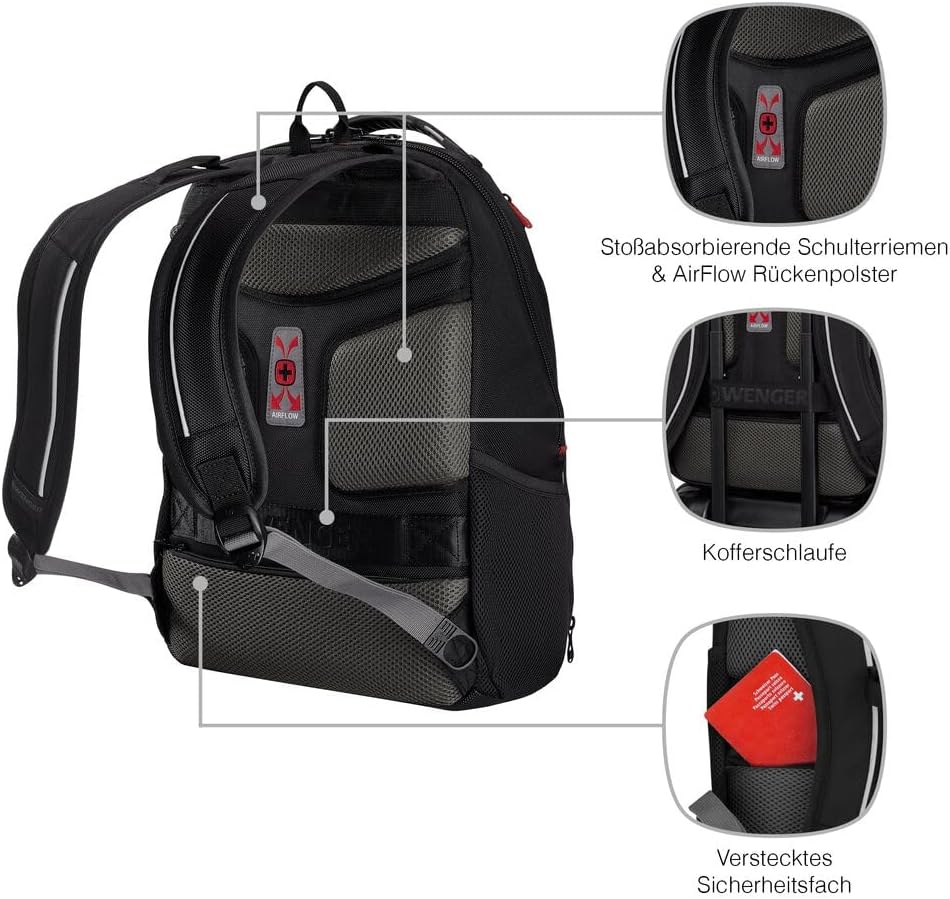 WENGER Carbon Rucksack, Notebook, Organizer, Kofferriemen, Damen Herren, Büro Business Uni, Schwarz