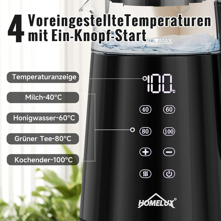 Glas Wasserkocher 1.7L + 1L, 2200W Teekocher Teekannen mit Warmhaltefunktion und Teetrichter, Wasser