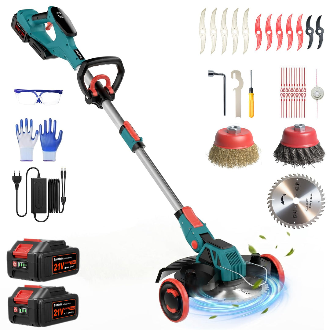 Rasentrimmer mit Akku, 5-IN-1 Rasentrimmer mit Unkrautbürste/Rädern, 21V/2 * 4.0Ah Akku Rasentrimmer