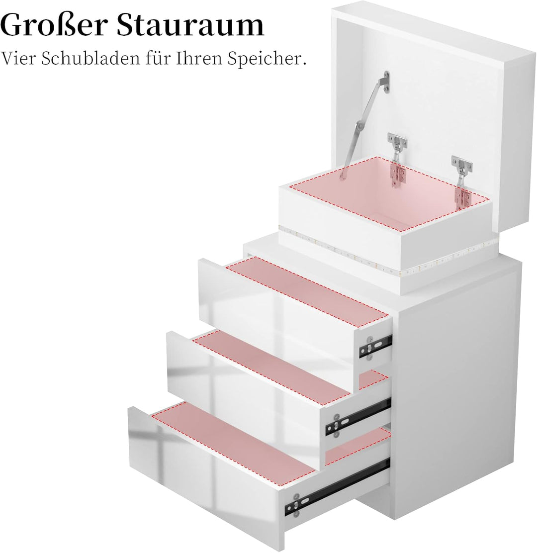 PIPIPOXER Nachttisch mit LED Beleuchtung,Nachttisch weiss mit grossen Stauraum,Nachttische mit 3 Sch