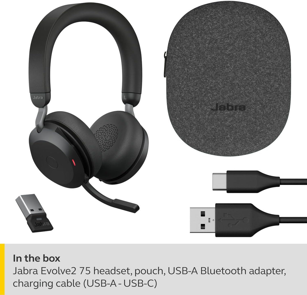Jabra Evolve2 75 Wireless PC Headset with 8-Microphone Technology - Dual Foam Stereo Headphones with