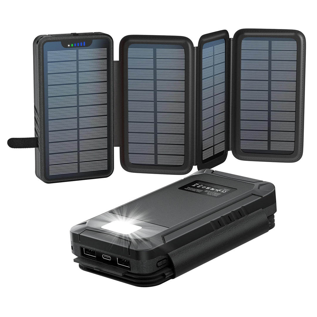 Solar PowerBank 26800mAh, Solar Ladegerät mit 4 Solarpanels, Taschenlampe, Zwei 5V 2.1A USB-Ports Ex