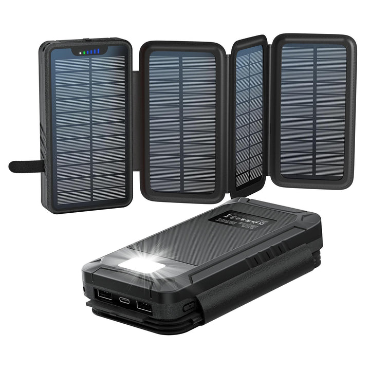 Solar PowerBank 26800mAh, Solar Ladegerät mit 4 Solarpanels, Taschenlampe, Zwei 5V 2.1A USB-Ports Ex