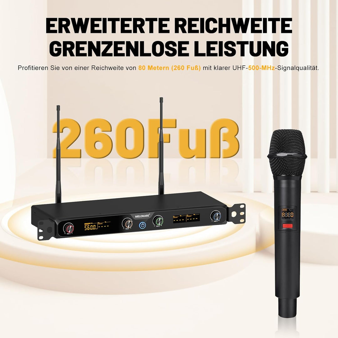4-Kanal Wireless Mikrofon System, UHF Rackmount Kabelloses Mikrofon Set mit 4X 10 Frequenzen, 260ft