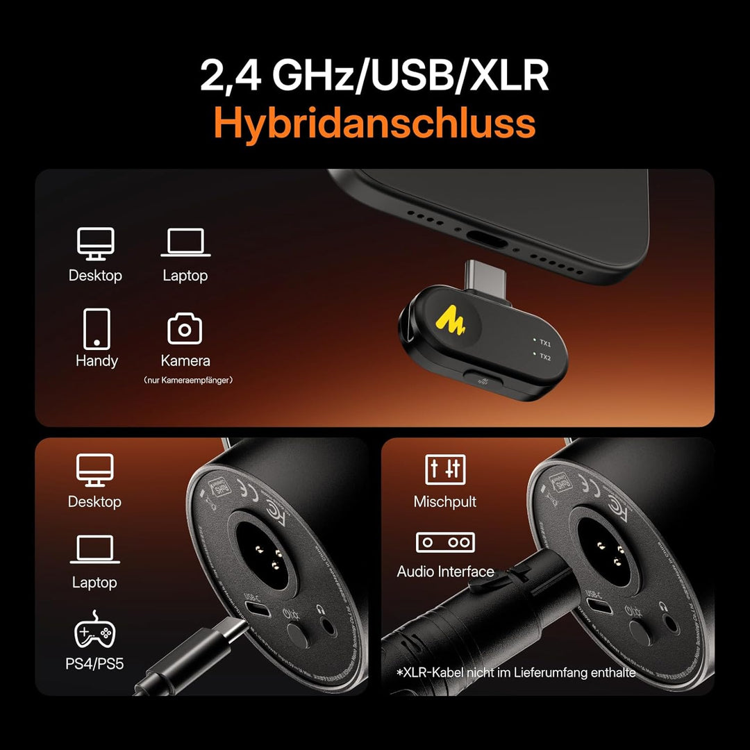 MAONO PD200W Kabelloses Hybrid-Podcast-Kit, Dynamisches XLR/USB-Mikrofon-Set mit 2 Mikrofonauslegern