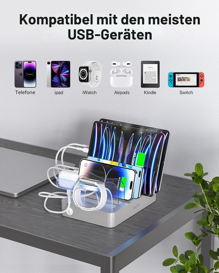 SooPii USB-Ladestation Organizer für mehrere Geräte, 6 Ports 50W Ladestation mit 6 Kabeln und aktual