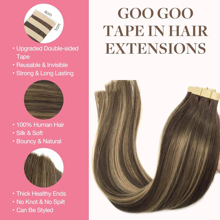 GOO GOO Tape in Extensions Echthaar, Balayage Schokoladenbraun Gemischter Honig Blond 20pcs 50g 35cm