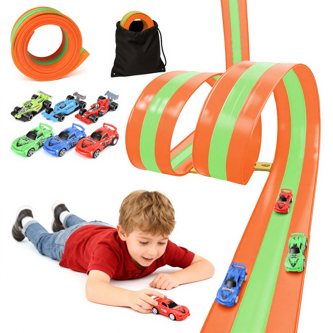 Flexible 3-Spur-Rennbahn für Kinder, 5 m Lange aufrollbare Rennbahn mit 6 Autos, batterieloses Set o