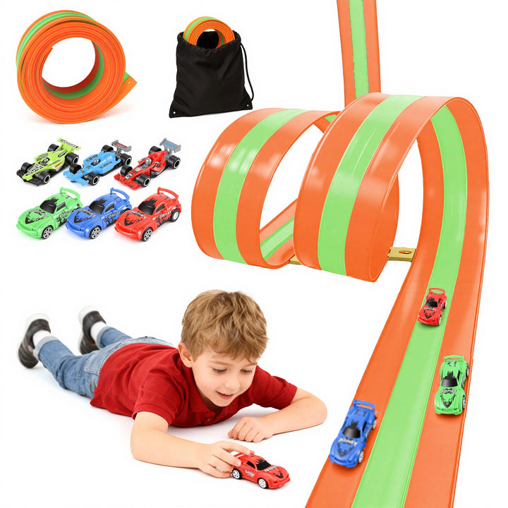 Flexible 3-Spur-Rennbahn für Kinder, 5 m Lange aufrollbare Rennbahn mit 6 Autos, batterieloses Set o