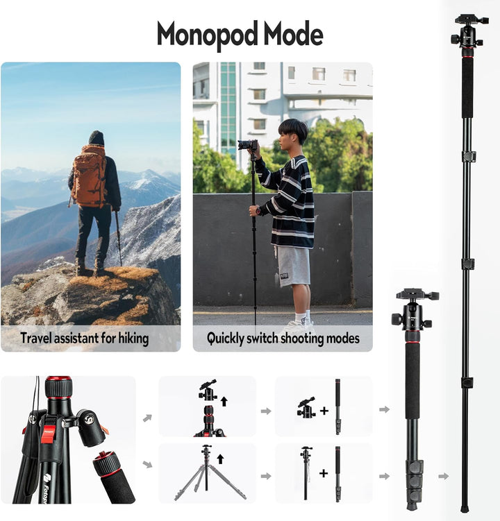 Fotopro 78" Kamera-Stativ, 360°Kugelkopf faltbares Aluminium-Stativ Einbeinstativ mit Schnellwechsel